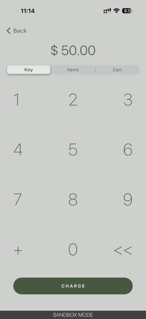 Processa checkout with Key, Items, and Cart tabs and amount keypad