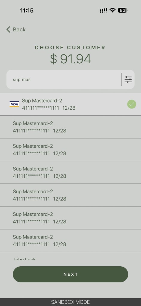 Processa choose customer screen with search and saved card profiles
