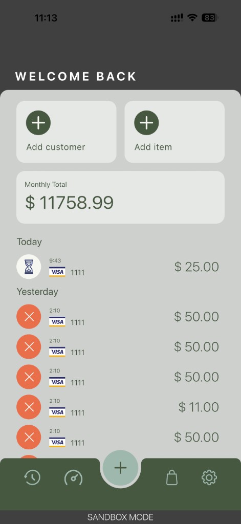 Processa home dashboard with monthly total, add customer and add item shortcuts, and recent transactions