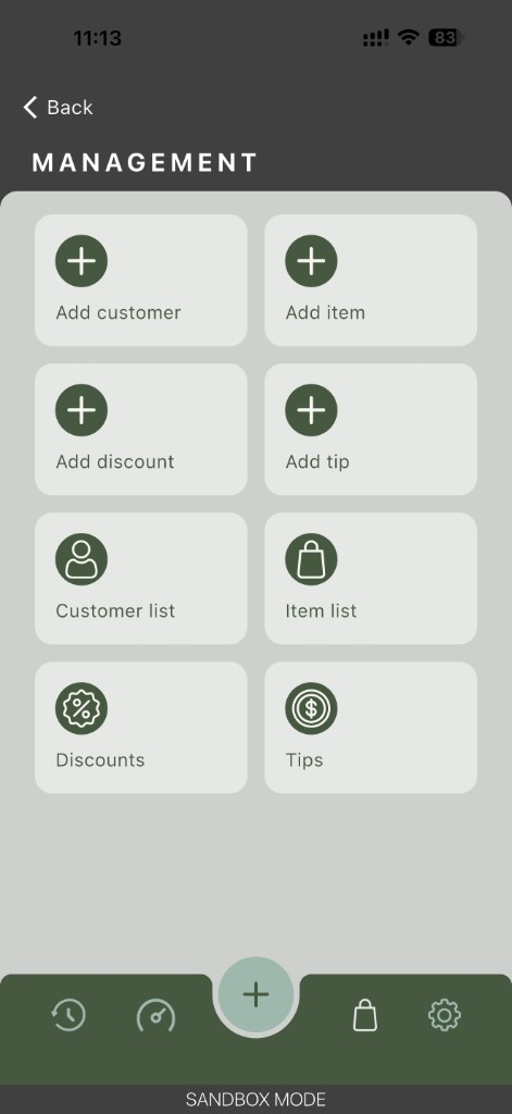 Processa management screen with add customer, item, discount, tip, and shortcuts to lists
