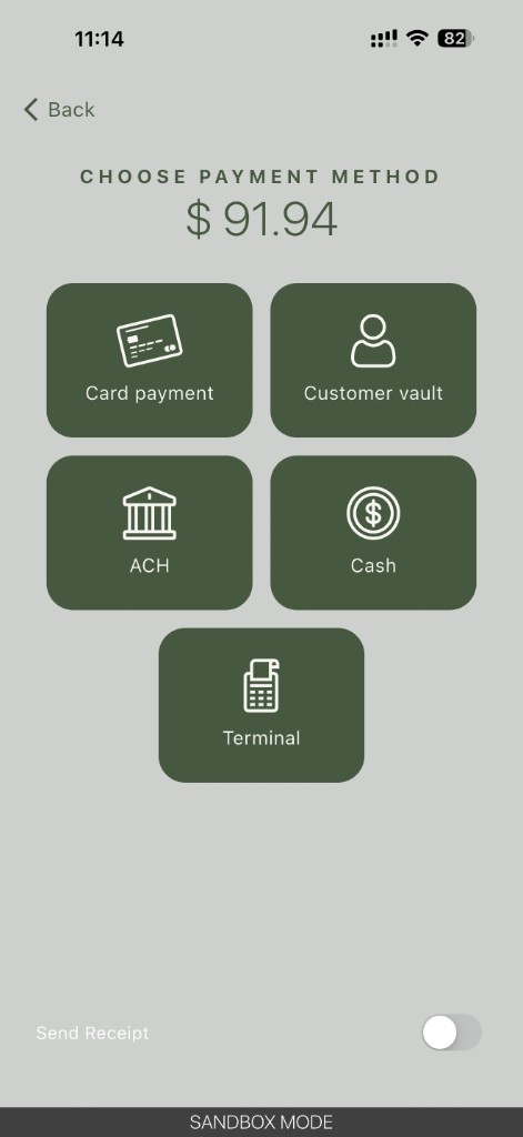 Processa choose payment method with card, customer vault, ACH, cash, terminal, and send receipt toggle