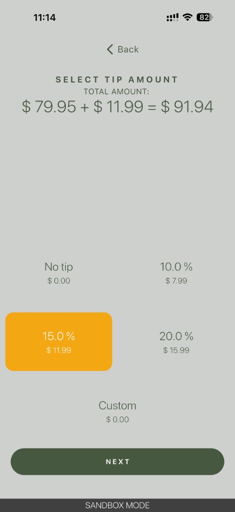Processa select tip amount with percentage presets and custom tip option