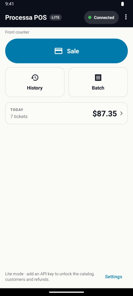 Processa POS Lite home on a PAX terminal with Sale, History, Batch, and today’s ticket total